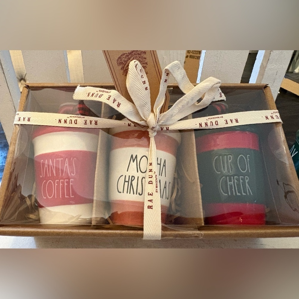 Rae Dunn Festive Mug Trio Ornament Set Red, Green, White